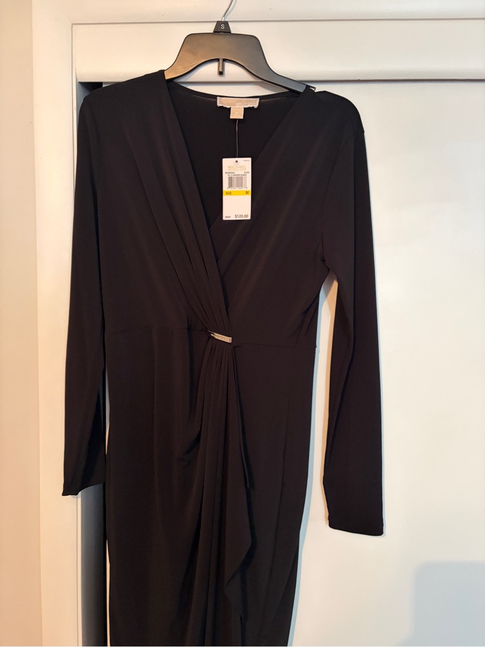 Michael Kors Black Long Sleeve Wrap-Style Midi Dress